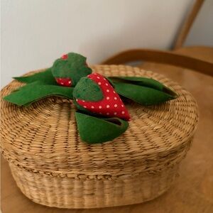 Vintage Handmade Felt Strawberry Accent on Woven Basket